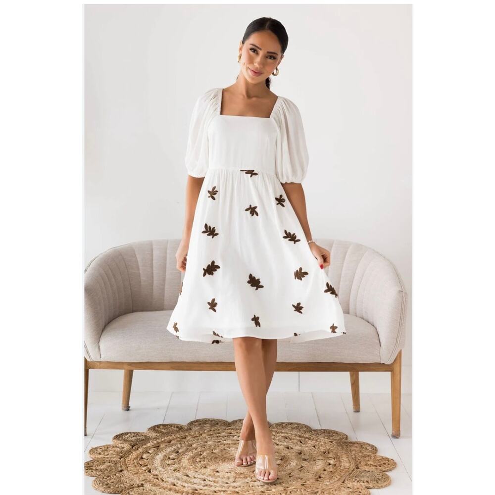 Polagram Milkmaid Dress Sz M Pockets Puff Sleeves Flocked Leaf Smocked Cottage
